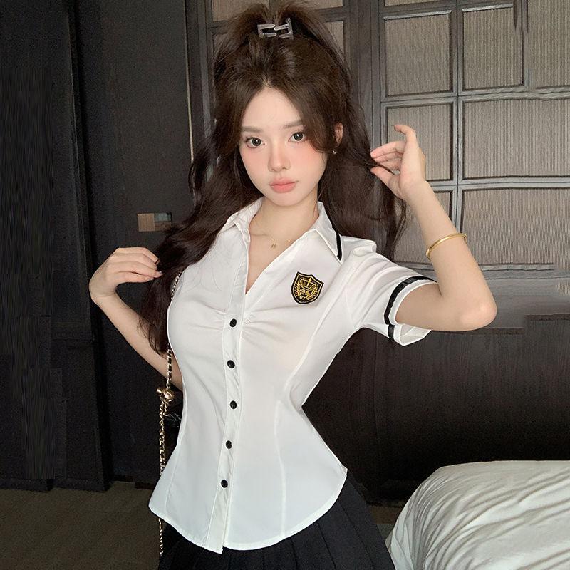 Áo Sơ Mi Eo Thon Cổ Chữ V Màu Trắng, Dành Cho Nữ, Phong Cách Preppy Mùa Hè, Đồng Phục JK, Áo Sơ Mi Ngắn Tay, Váy Xếp Ly, Quần Áo Làm Việc Kỹ Thuật Viên Mát Xa Chân 0