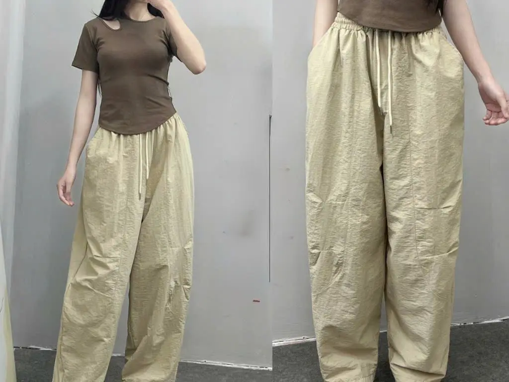 Quần gió chạy gân dáng thụng siêu cá tính Nữ Women Pants Denim mã  27 quần  suông mùa đông ống rộng quần  kẻ caro bo gấu quần  suông quần  suông Ong Đen