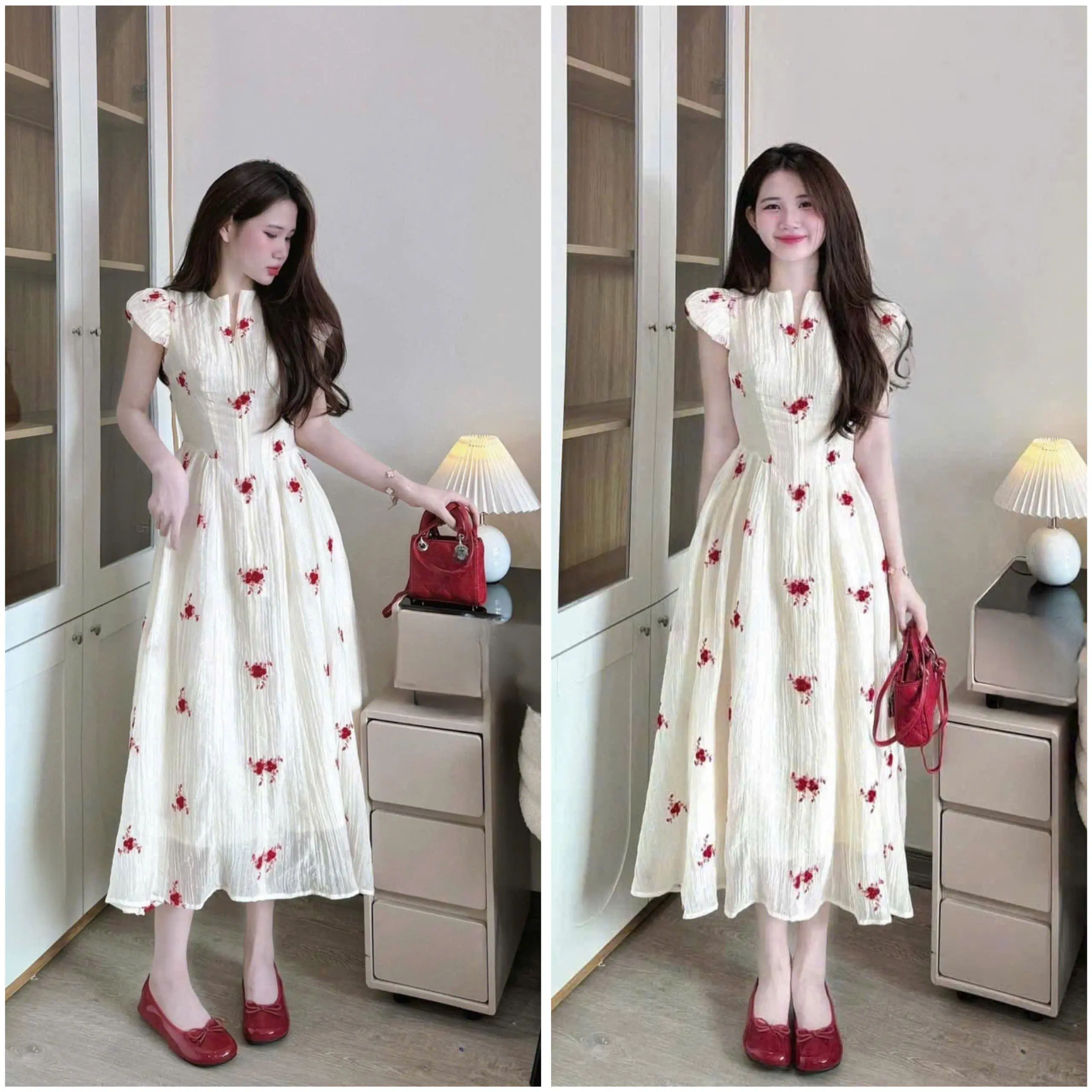 Đầm nữ họa tiết tay bông cổ V dáng midi duyên dáng thanh lịch