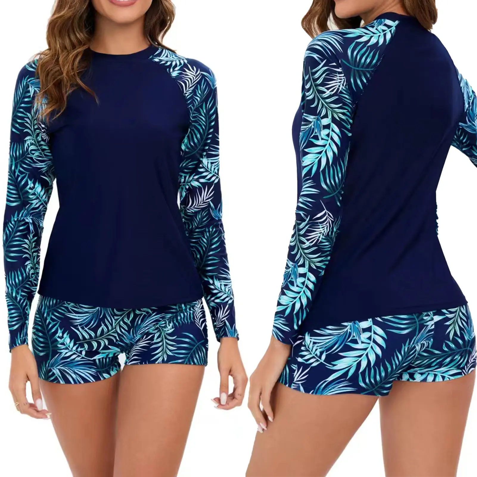 [GE] 2 Pcs/Set Women Swimsuit Beach Top Shorts Set Round Neck Floral Print Conservative Skinny Quick Dry Soft Lady Bathing Suit Surfing Clothes