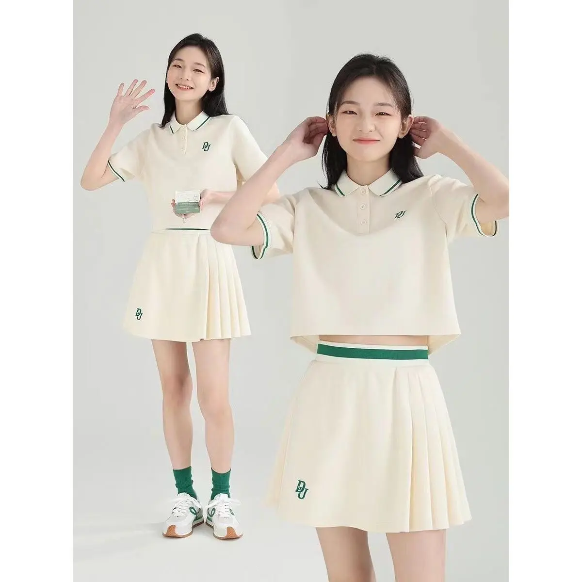 Bộ Đồ Phong Cách Preppy Mùa Hè, Áo Polo ngắn Tay Áo Có Ve Áo Và Váy Xếp Ly Nửa Chữ Thêu Ngắn, Bộ Đồ Hai Mảnh Dành Cho Nữ, Có Ngày Tháng 20242024