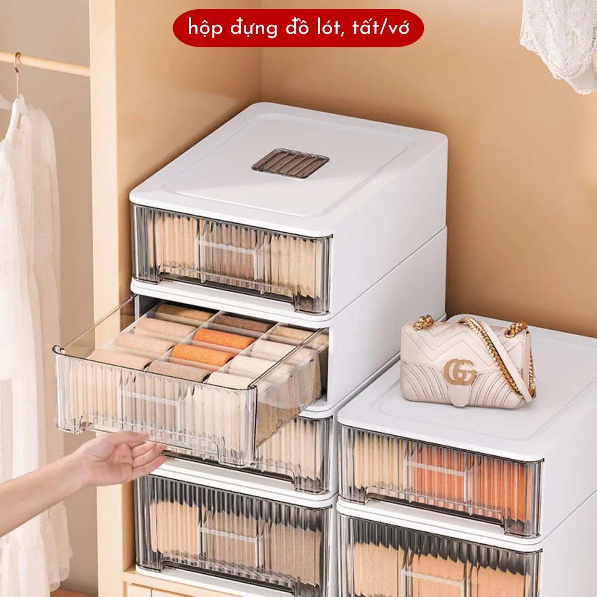 Hộp đựng đồ lót, tất vớ chia ngăn chất liệu nhựa PET trong suốt Chống Bụi