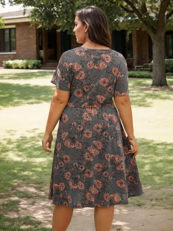 【Plus Size】 Floral Print Pocket Round Neck A Line Dress, Casual Summer Clothes Women, Women's Short Sleeve Dress for Summer, Women's Clothes for Daily Wear, Womenswear, Plus Size Tummy Flattering Dresses, Casual Fashion Dress 7