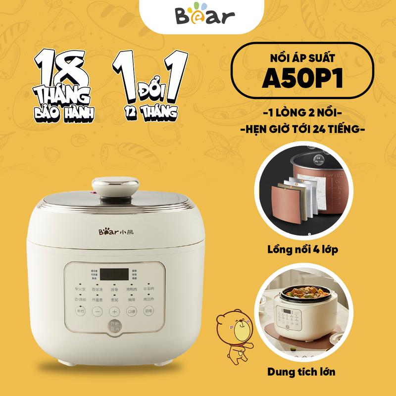 [KOC] Nồi áp suất 5 Lít Bear YLB-A50P1 - 2 lòng nồi - 10 chế độ nấu - Tiếng Việt