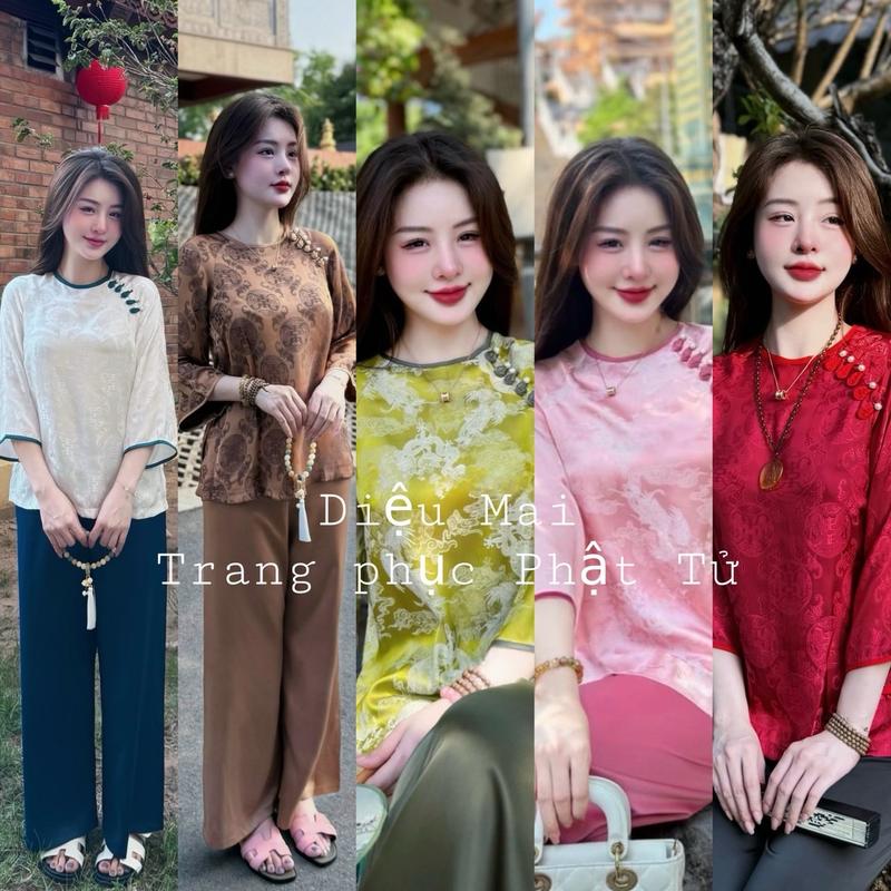 [Diệu Mai] Tằm CÚC KẾT Voi Dress - Set đầm nữ thanh lịch đi lễ chùa trang nghiêm - Áo và quần - 6 màu Top Sen 0