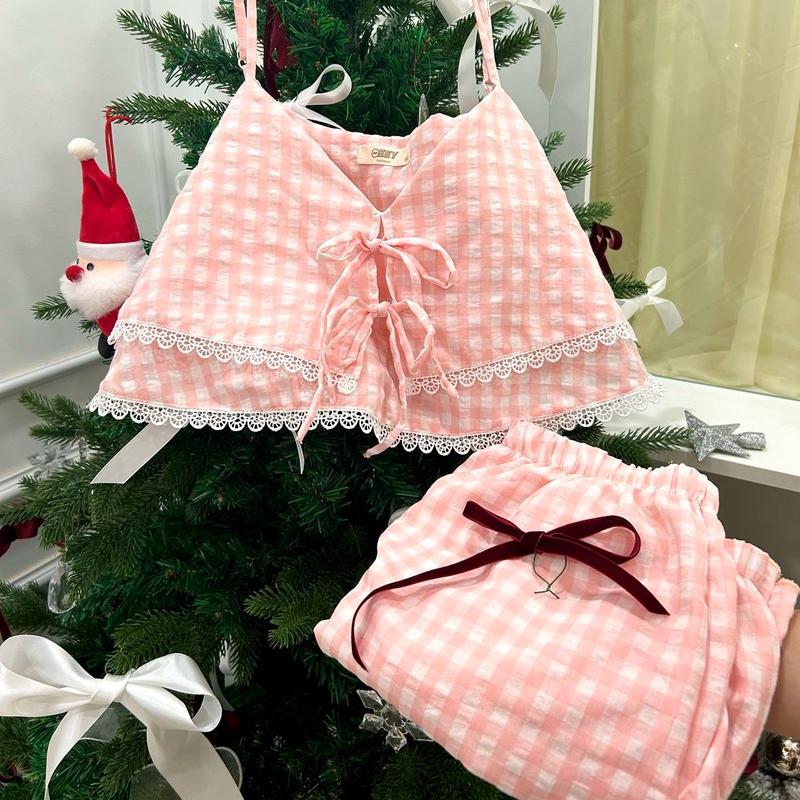 [MEEY] - Đồ bộ bigsize 47-90kg chất caro cotton màu hồng pastel xinh yêu (2 kiểu: thân liền và nơ cột) 1