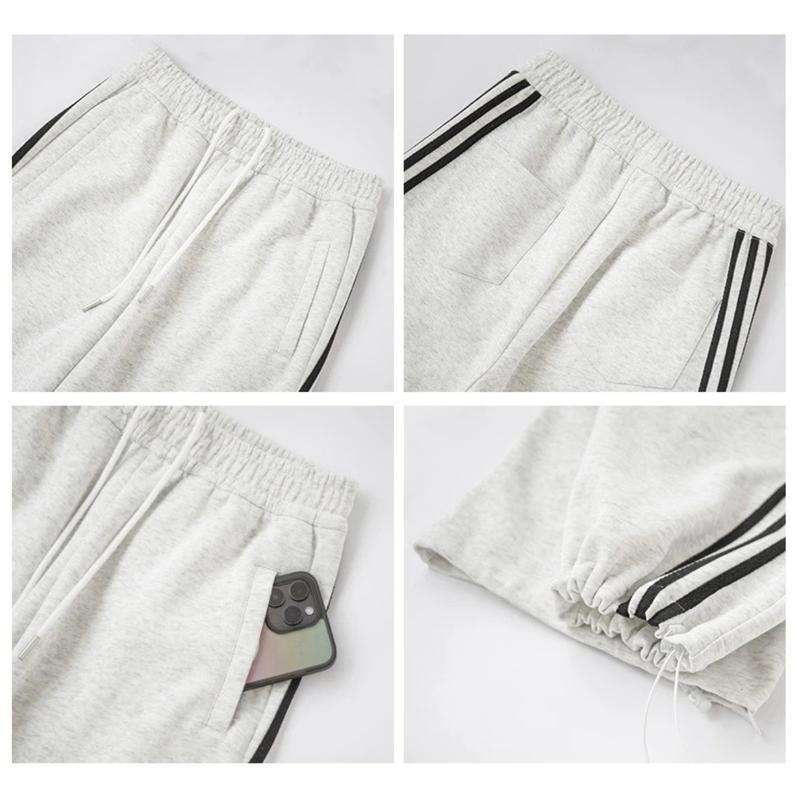 Quần Dài Ống Rộng Form Suông Unisex Nỉ Cotton Thiết Kế 3 Sọc Kèm Dây Rút Gấu Thế Thao Menswear Kem 4
