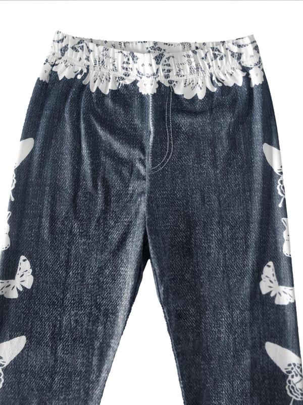Women's Butterfly & Denim-Effect Print Elastic Waist Capri Leggings, Casual Comfy High Waist Skinny Pants for Daily Wear, Ladies Summer Bottoms 7