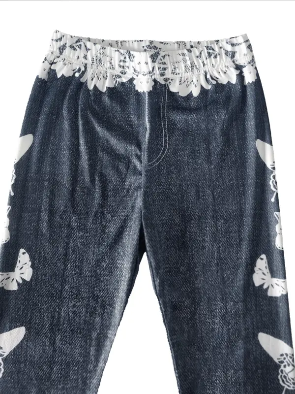 Women's Butterfly & Denim-Effect Print Elastic Waist Capri Leggings, Casual Comfy High Waist Skinny Pants for Daily Wear, Ladies Summer Bottoms 7