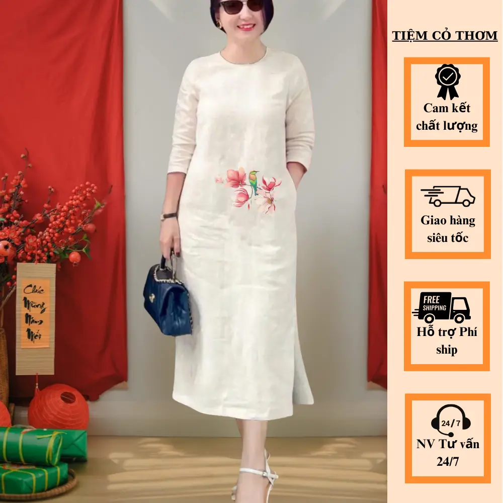 VÁY TẾT - Váy nữ trung niên CỎ THƠM, váy cổ tròn thêu, hàng thiết kế, dáng suông. Nữ Women Dress, THỜI TRANG TRUNG NIÊN