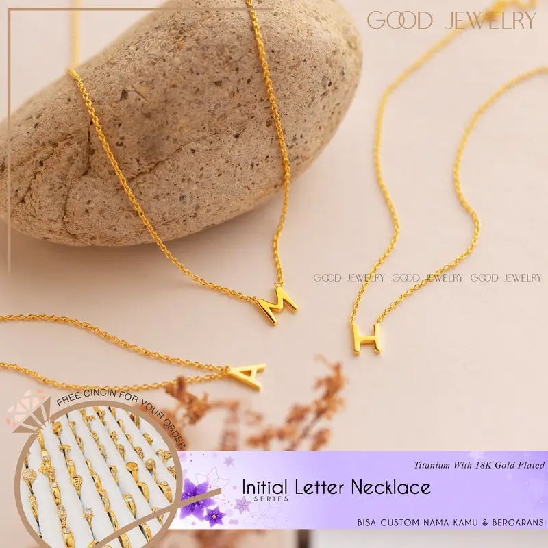 Kalung Inisial Huruf Titanium Wanita Bahan 316L Stainless Steel Lapis Emas 18K - Initial Letter Necklace 4