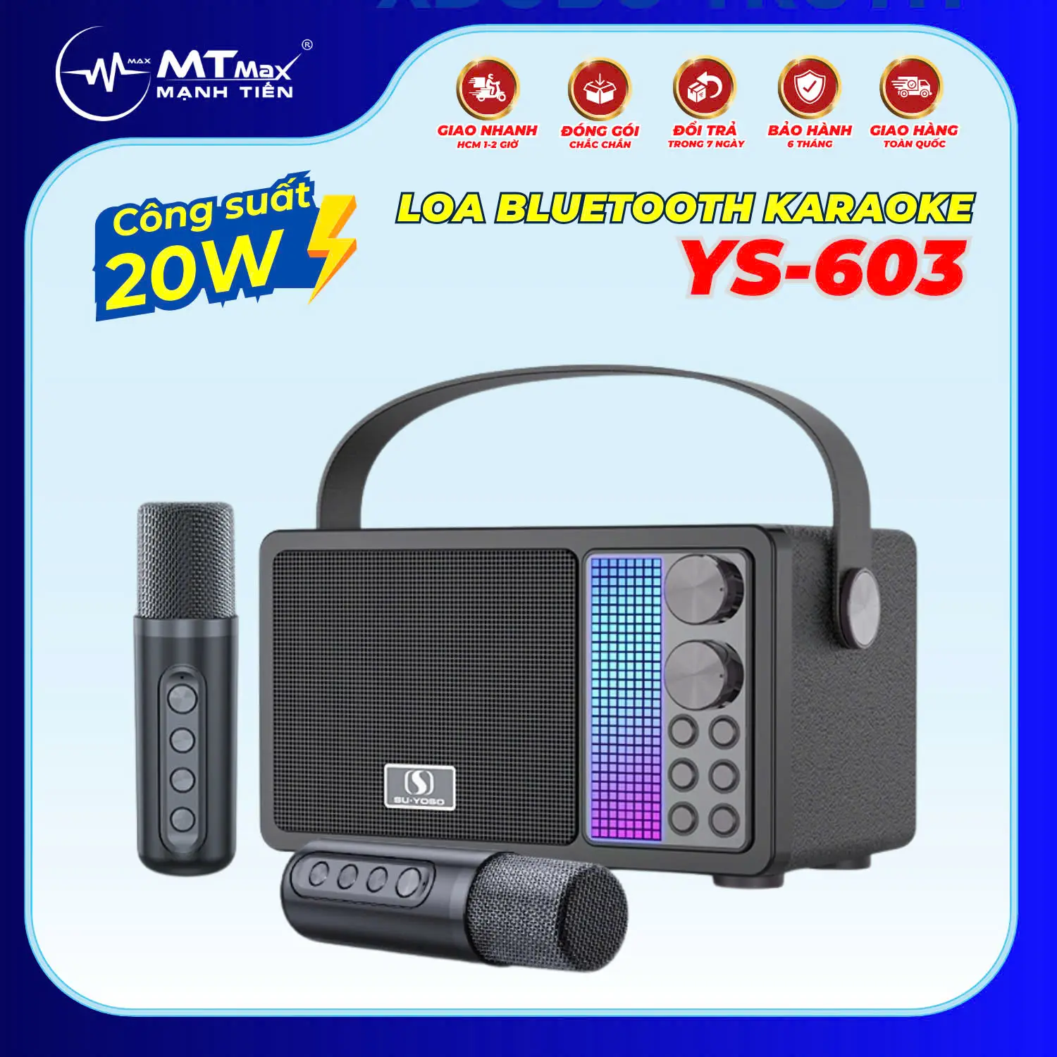 [ MTMAX ] Loa Bluetooth Mini YS-603, Công Suất 40W, Nhỏ Gọn, Âm Thanh Cực Hay, Bass Căng, Đi Kèm 2 Micro Karaoke Thay Đổi Giọng Nói, Bảo Hành 6 Tháng