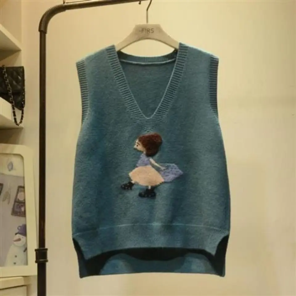 Áo Vest, Hàng Mới Về Mùa Xuân, Thiết Kế Hoạt Hình, Cổ Chữ V, Áo Len Bé Gái, Phong Cách Hàn Quốc, Không Tay, Dáng Rộng Vừa Vặn, Đầu Mùa Thu, Đồ Len, Dành Cho Phụ Nữ Women Top