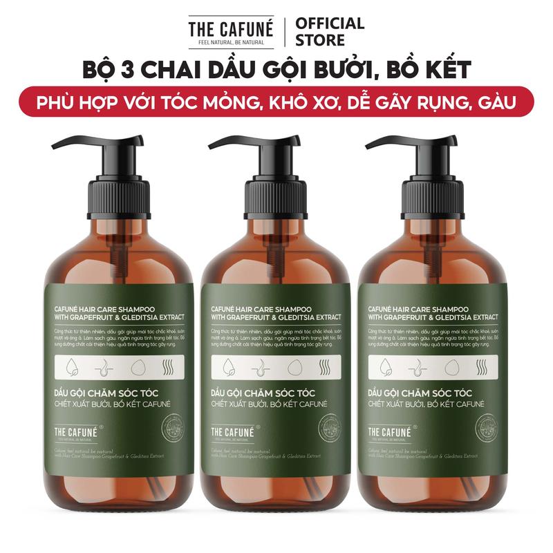 Combo 3 chai Dầu Gội Chăm Sóc Tóc Chiết Xuất Bưởi, Bồ Kết The Cafuné 480ml Dưỡng Tóc