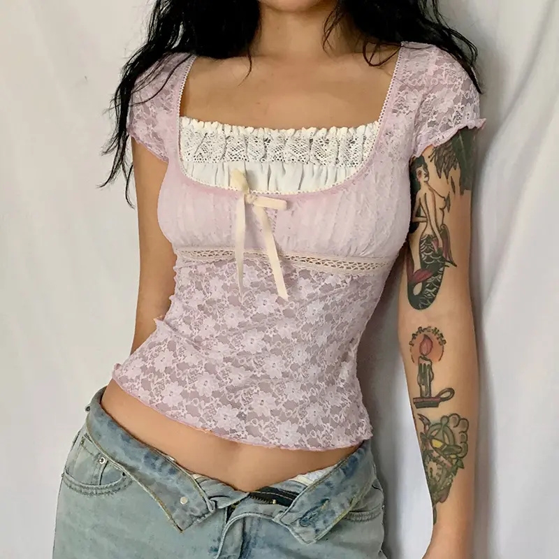Women Sweet Lace Short Sleeve T-shirt Square Collar Floral Ruched Slim-fit Crop Top Y2K Aesthetic Fairy Grunge Tees Streetwear
