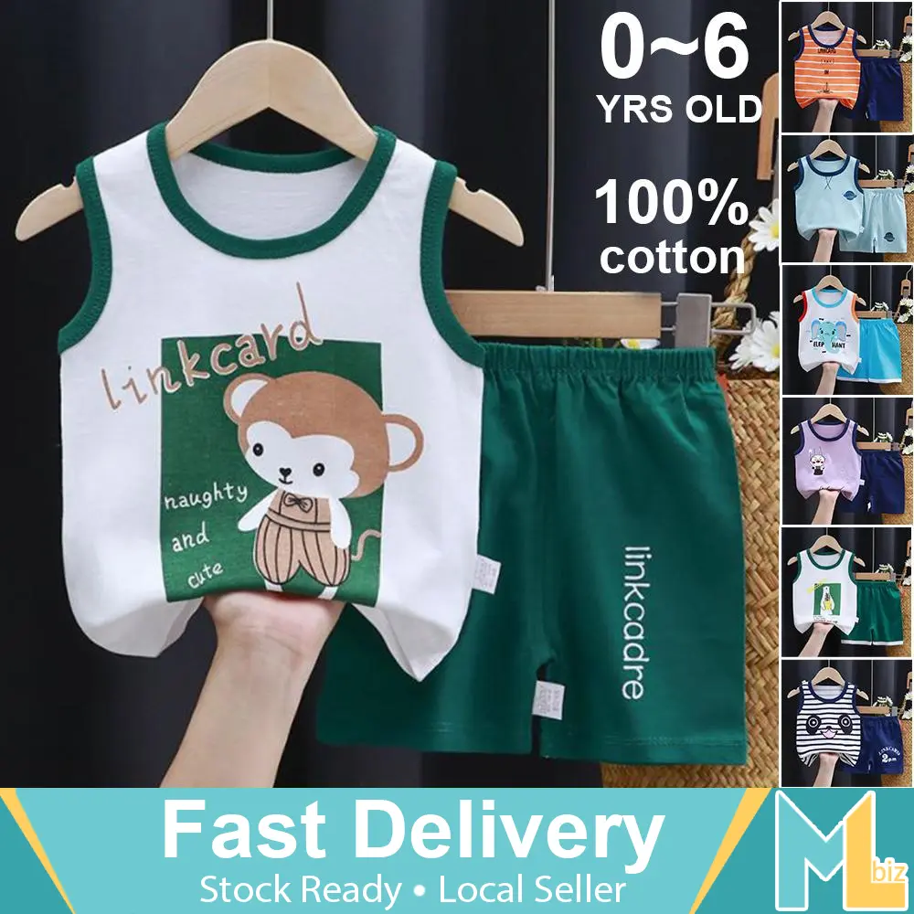 0-6Years Casual Kids Baby Boys Girls Sleeveless Cartoon Cute Print Vest + Shorts Toddler Summer Clothes Sets Baju Kanak