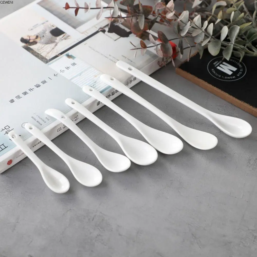 GEWENI Kitchen Tools Ceramic Long Handle Spoons Creative Mini Stirring Spoon White Seasoning Spoon Tea Coffee