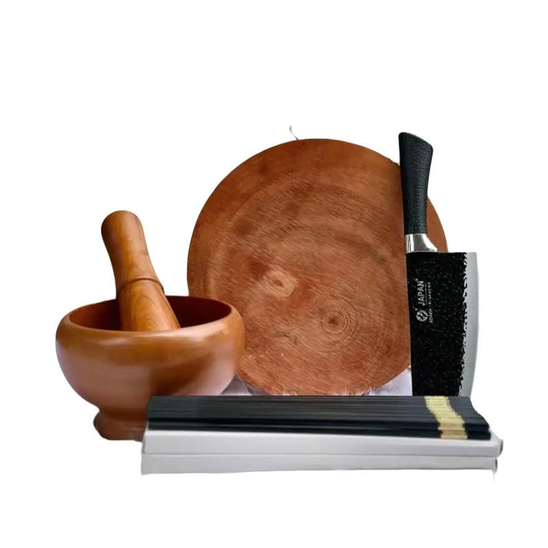 Combo 5 Món Thớt Gỗ 1 Thớt 26cm +1 Cối 16cm +1 Chày +1 Dao Không rỉ Sét+ 10 Đôi Đũa mạ Vàng