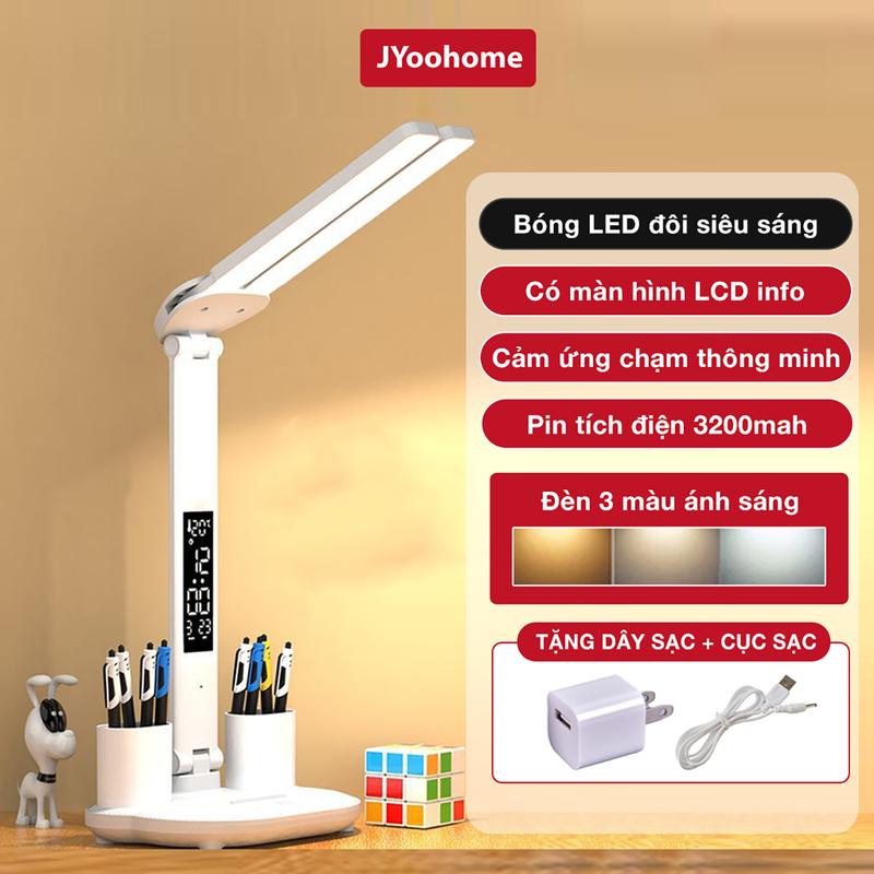 Đèn học LED để bàn Tích Hợp Màn Hình LCD hiển thị đồng hồ, nhiệt độ thông minh, Đèn bàn học tích điện cảm ứng chống cận thị