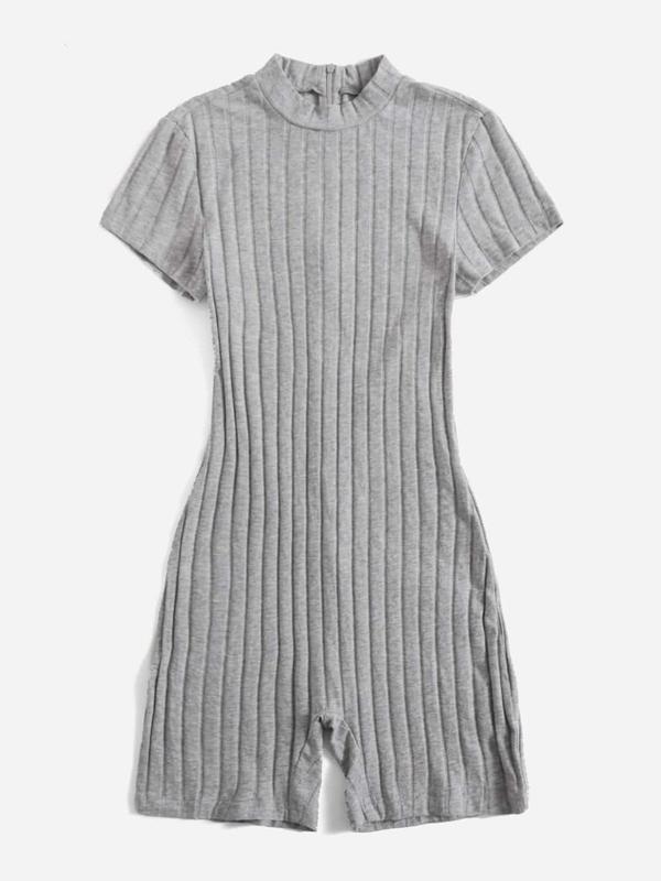 Summer Clothes Women's Plain Zipper Back Mock Neck Romper, Mean Girls Outfit, Minimalist Casual Short Sleeve Ribbed Romper for Summer, Womenswear, Lady Clothes for Daily Wear, Summer Clothes 7