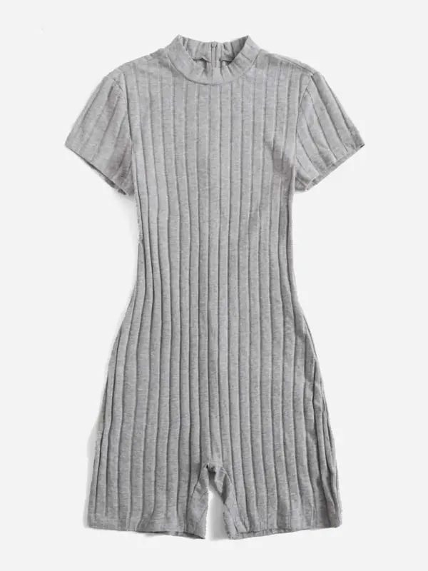 Summer Clothes Women's Plain Zipper Back Mock Neck Romper, Mean Girls Outfit, Minimalist Casual Short Sleeve Ribbed Romper for Summer, Womenswear, Lady Clothes for Daily Wear, Summer Clothes 7