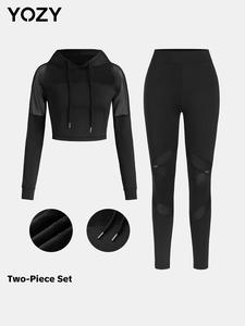 YOZY-GOOO Women's Solid Contrast Mesh Drawstring Hoodie & Pants Two-piece Set, Sporty Casual Long Sleeve Hooded Top & Trousers for Outdoor Wear, Ladies Clothes for All Seasons