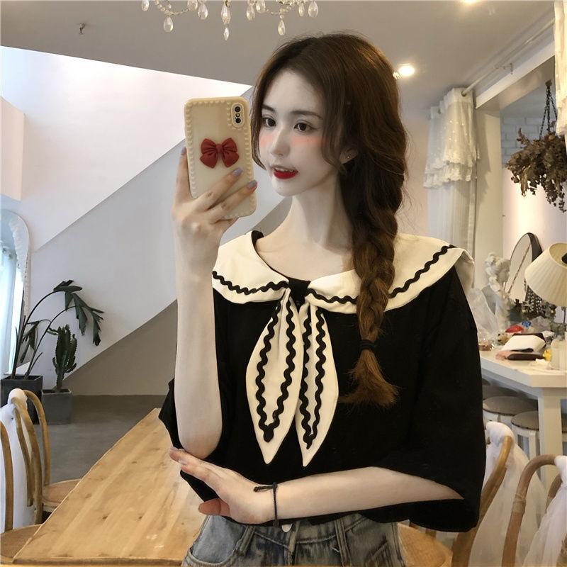 Áo Thun Cổ Hải Quân Nữ Tay Ngắn Mùa Hè Ngọt Ngào Phong Cách Đại Học Top Sơ Mi Cổ Tròn 8