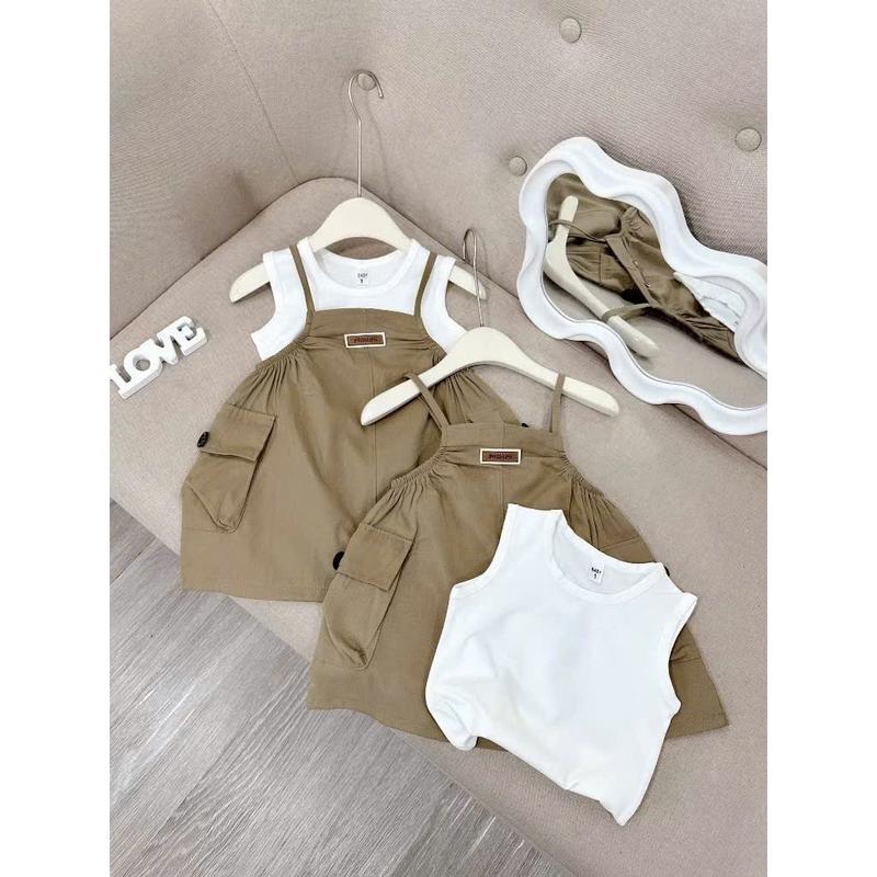 (LinhLinhKidShop) 6-25kg Sét Váy 2 chi tiết ; YẾM TÚI HỘP chất Thô kaki+ áo 3 lỗ thun  mềm mát cho bé gái