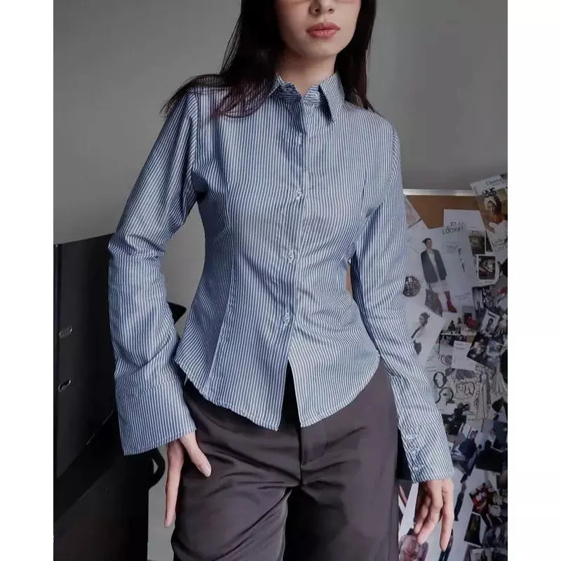 QR - RPF OOTD Shirt Stripe Slim  /Julia Top / Kemeja Slim Fit / Atasan Wanita / Fabric Cotton with two pleated on the waist (Slim Effect) / Office Fits Casual Baju 3