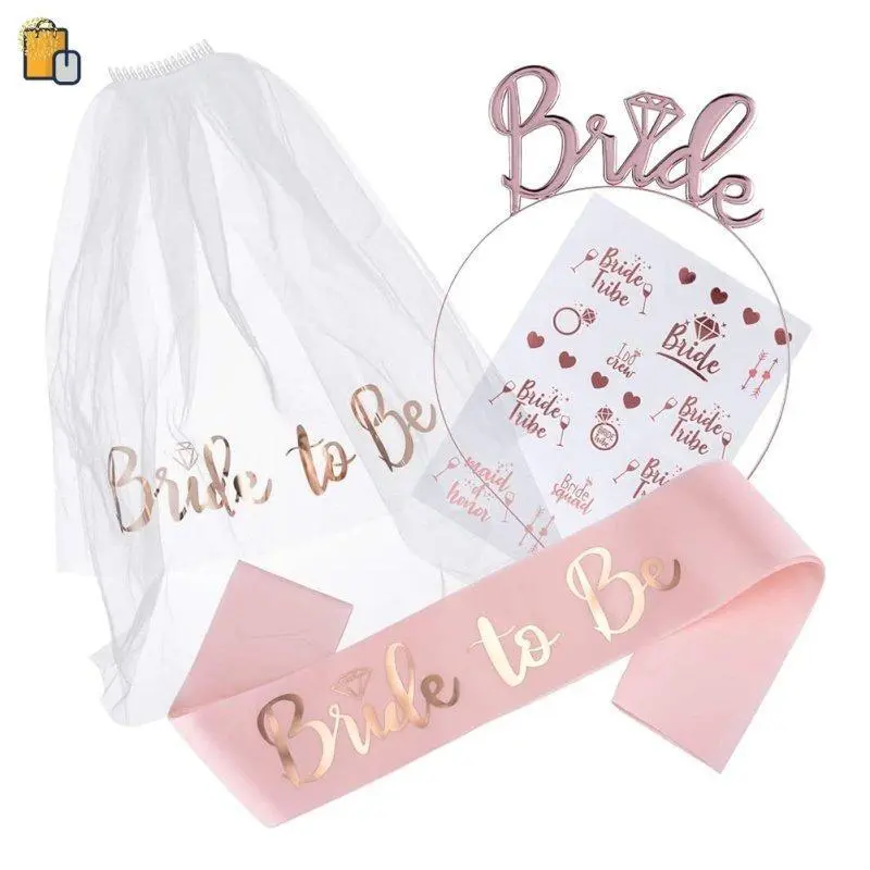 Bride To Rose Shower Accessories Set Bridal Veil Head Sash Temporary Tattoos Bachelorette Party YDEA