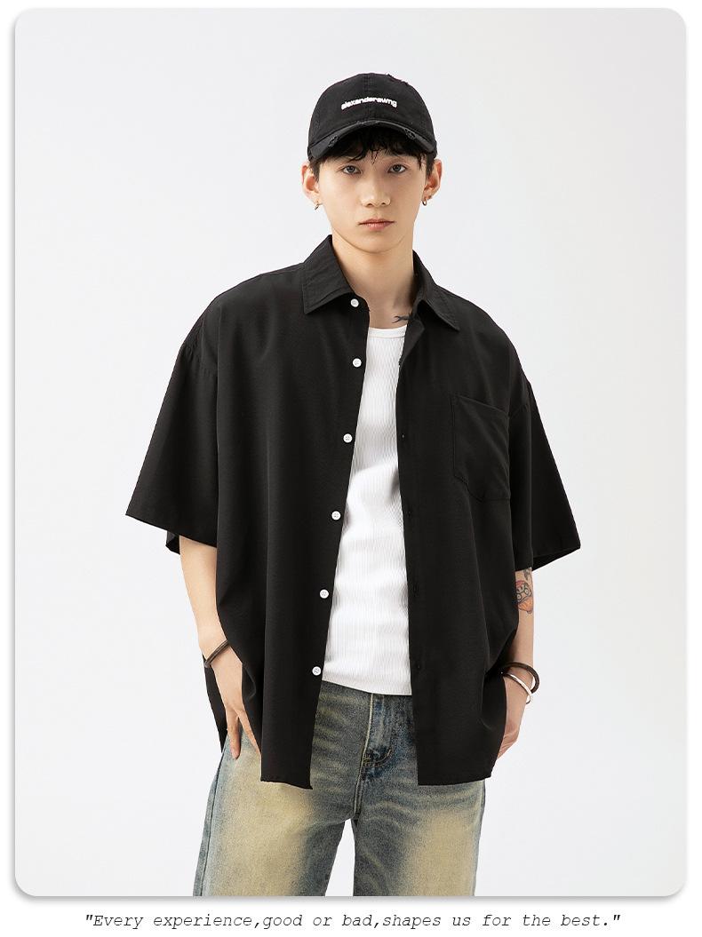 Product Introduction of Korean Men's Smooth Draping Short-Sleeved Shirt Men's Summer New Pure Color Couple Casual Loose Shirt Jacket Menswear Top Lingerie Human Oversize Plain Beige Baggy Vintage Tights Collar Collared Tropical 13