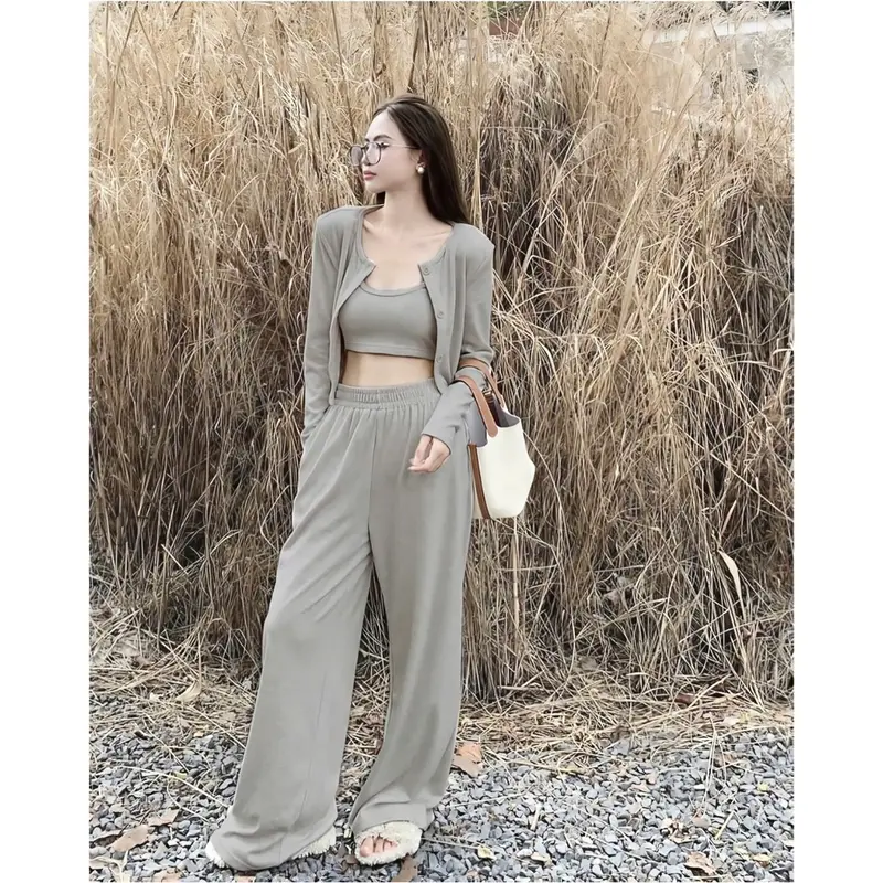 Sét Bộ Len Nữ 3 Món Gồm Áo 3 Lỗ + ÁO Cardigan + Quần Suông Top Women 3