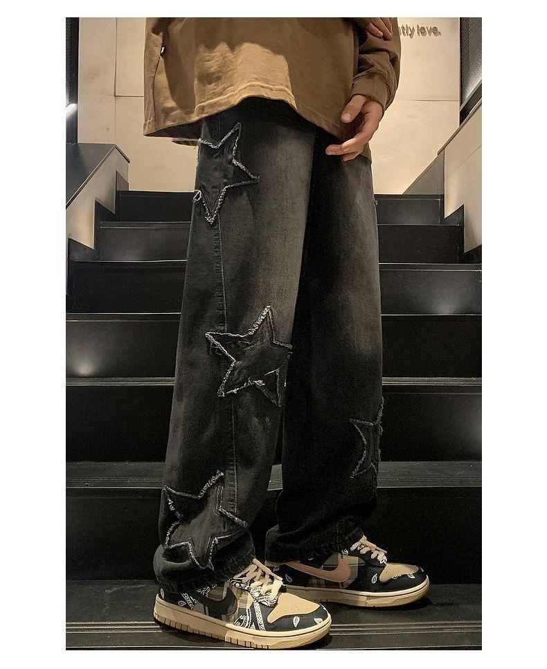 Product Introduction of Pants Men's Ins Fashionable Loose Wide-Leg American Vibe High Street Jeans Men's Fashionable Fried Street Ruan Shuai Straight Men's Pants Sneaker 35