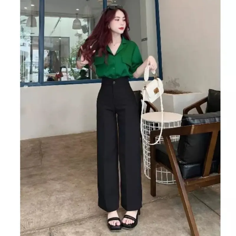 ￼Quần ống suông rộng lưng cao 1 khuy có 2 túi bên màu Đen,Quần  nữ ống rộng đi học làm công sở vải dày mềm Ong Women Pants 6