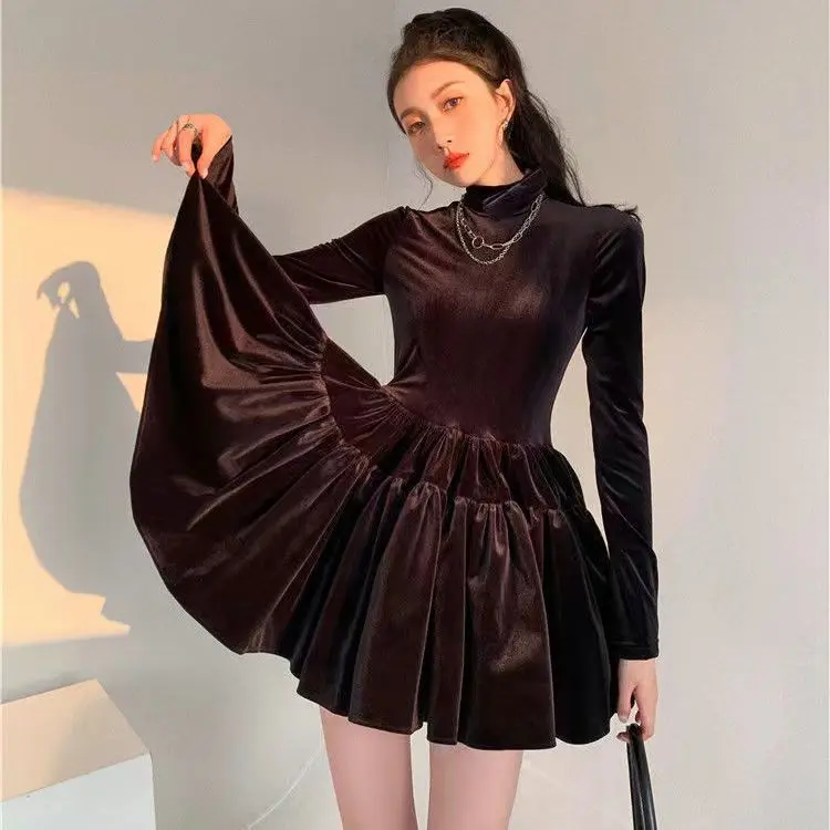 French style palace style velvet bow dress women party dress ball dress fluffy skirt slim long sleeve dress