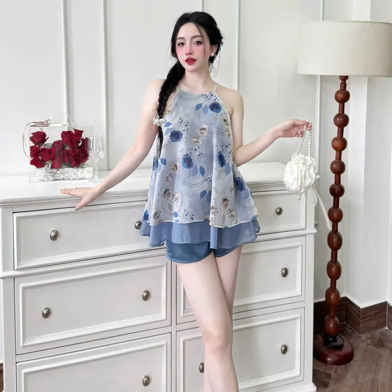 Yếm ngủ áo voan phối tơ 2 lớp, quần lụa latin LADY Đồ ngủ nữ cao cấp mềm mát, nhẹ tênh, mặc lên cực kỳ tôn dáng – xinh nhẹ nhàng mà cuốn 0