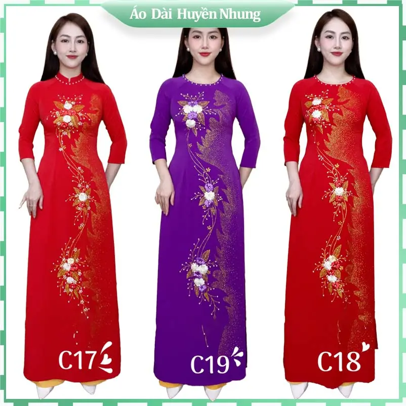 Áo dài bà xui dáng truyền thống phun kim tuyến kết hoa Nữ Tim đen đính nơ cúc áo  dài
