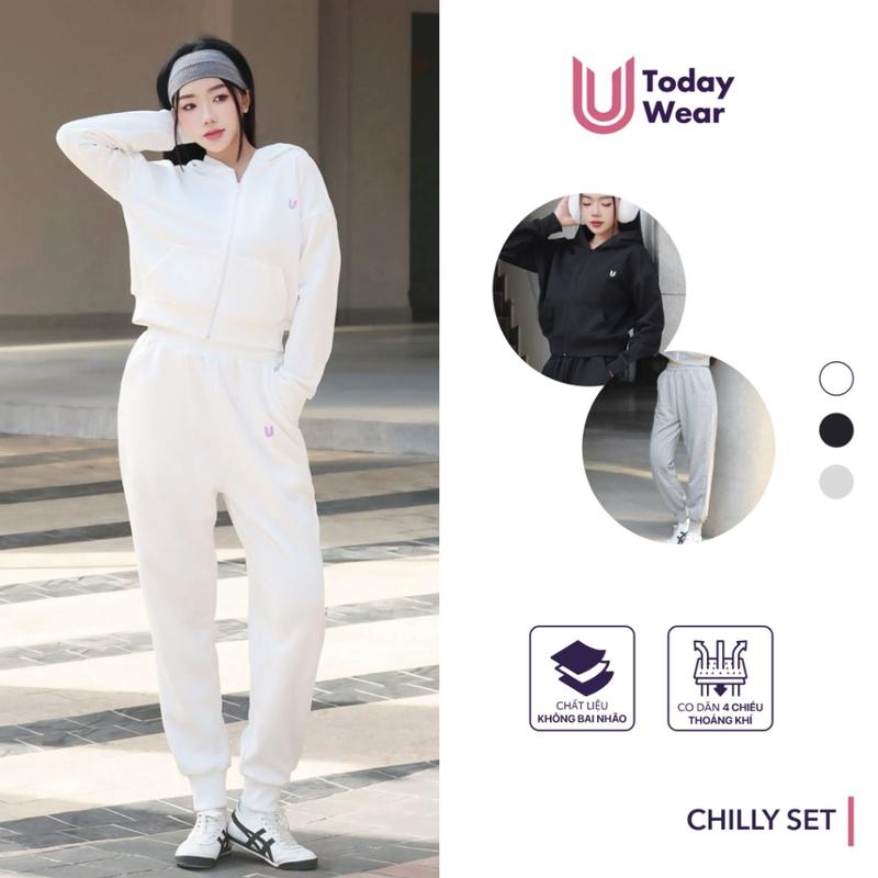 Set bộ đồ nỉ thể thao thu đông Chilly áo khoác hoodie khóa zip dài tay quần jogger da cá ống rộng Today U Wear