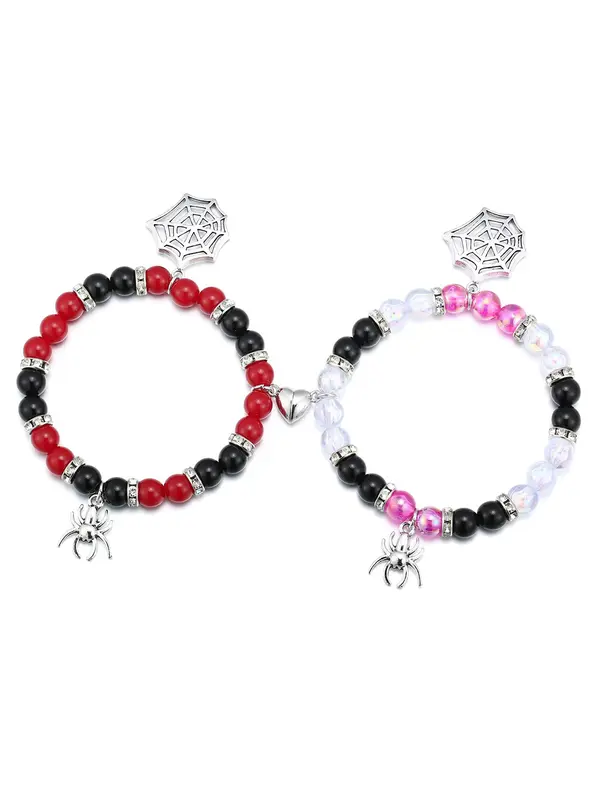Fashion Spider & Net Design Charm Beaded Bracelet, 2024 Casual Simple Half Magnetic Heart Charm Jewelry for Party, Daily Clothing Decor, Valentine's Day, Gift 4