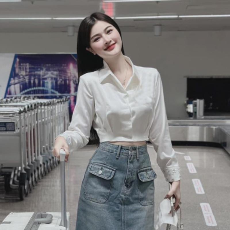 Áo sơ mi trắng croptop tay dài phồng cổ v Nữ Women Shirt