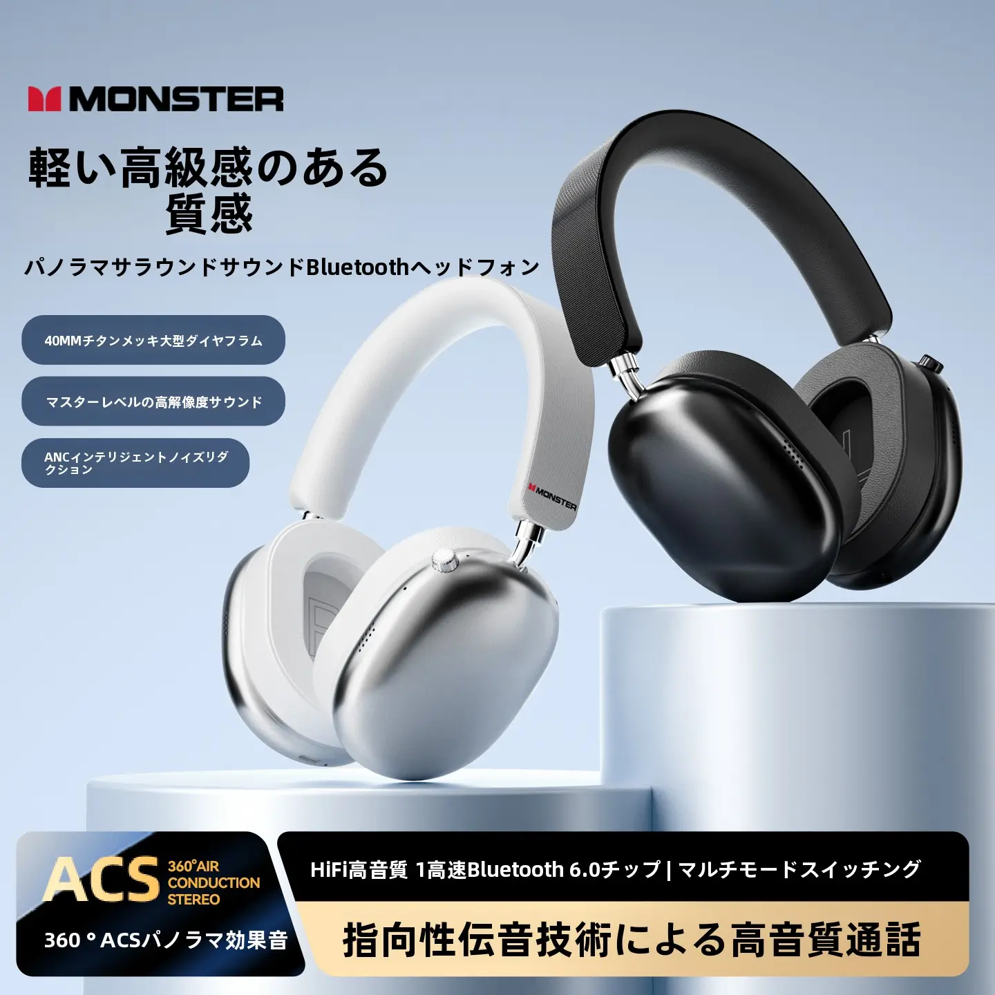 Monsterー AH100 オーバーイヤー ワイヤレス Bluetooth ヘッドフォン