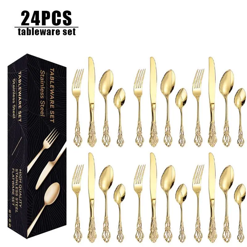 Stainless Steel Cutlery Set, 24pcs/set Including Knife, Fork & Spoon & Dessert Spoon, Household Tableware Set for Home Kitchen Dining Room 6