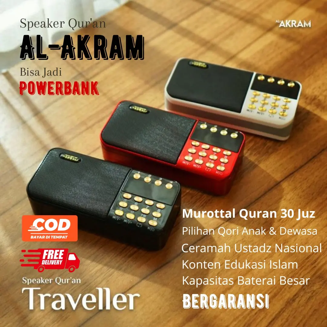 Speaker Murottal Qur'an Al Akram Traveller Plus Powerbank Qori Anak dan Dewasa Konten Lengkap Ceramah UAS Speker Spiker Bluetooth Original Bergaransi 1 Tahun