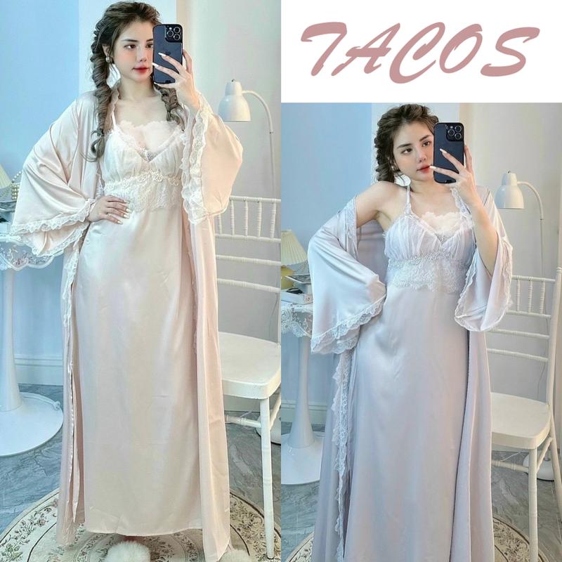 HT820 Set váy ngủ và áo choàng sexy dáng dài tiểu thư kèm ĐỆM LÓT dáng xoè tôn dáng