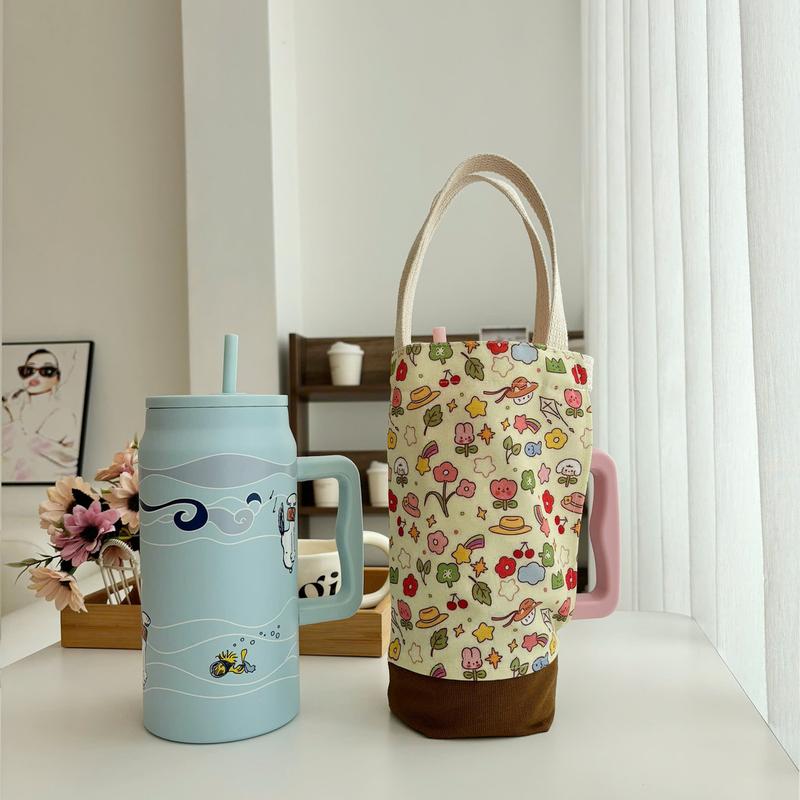 Túi đựng bình nước bottle bag thiết kế mới 2 quai chất liệu canvas phối vải in hình hoạt hình hoa lá Hiany AV03 6