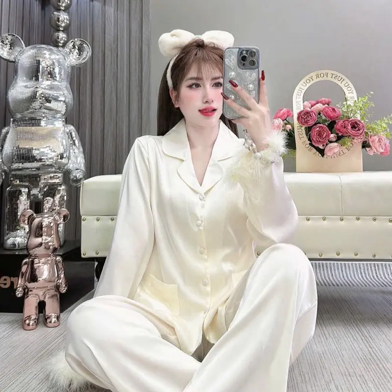TAY LÔNG VŨ, (40-60Kg và 60-75Kg), Đồ Bộ Nữ, Tay Dài Quần Dài, In Họa Tiết Trơn Viền Tua Rua, Chấy Vải Lụa Mịn, Mềm, Mát 6