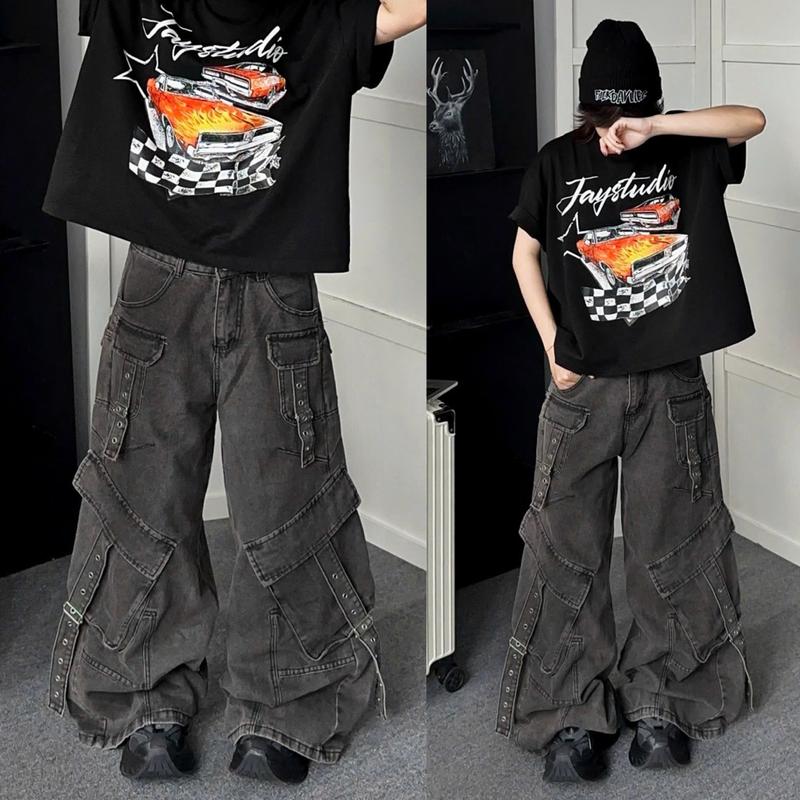 QUẦN JEAN LEWIS - Cargo Jeans - Quần jeans túi hộp phối dây ống siêu rộng vải washed màu XÁM Unisex nam nữ Jaystoree