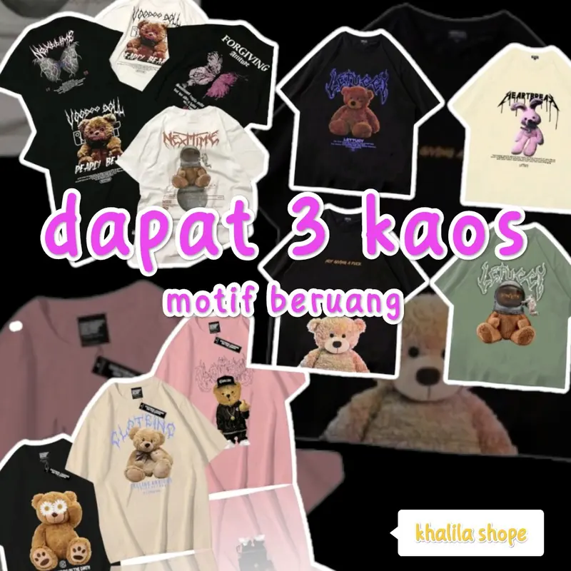 Kaos Distro Motif Beruang | Paket Hemat Dapat 3 Nyaman 1