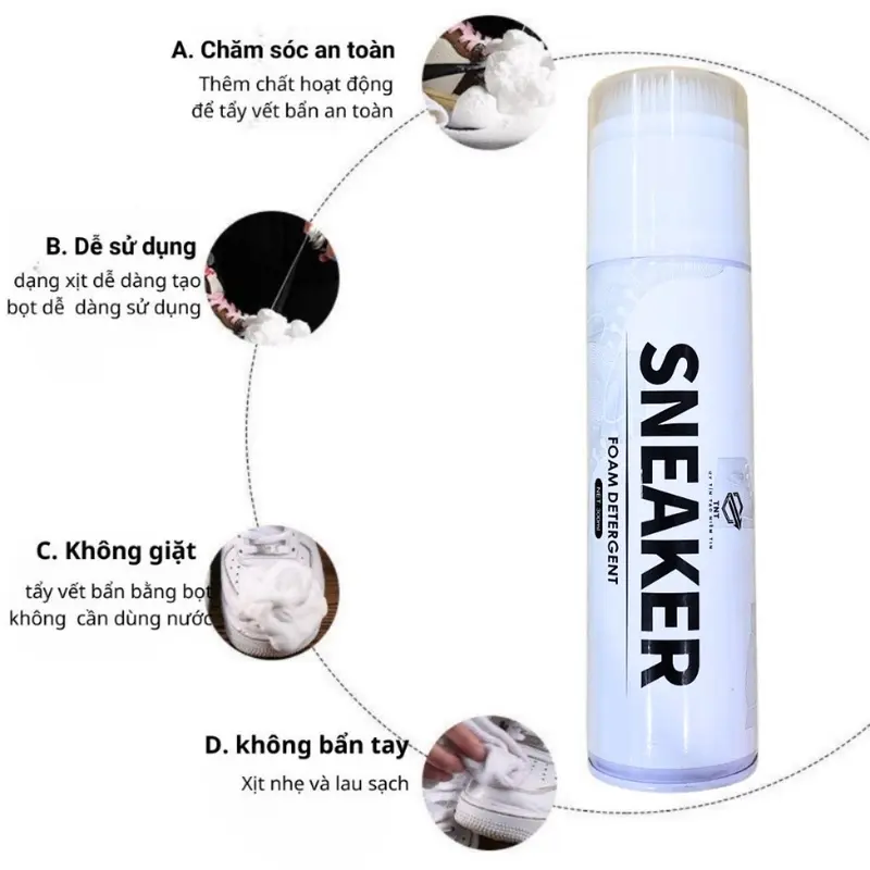 Dung Dịch Vệ Sinh Sneaker 300ml Chai Xịt Tạo Bọt Vệ Sinh Giày Cao Cấp Khử Mùi, Tẩy Trắng Giày Dép, Túi Xách Siêu Tốc 7