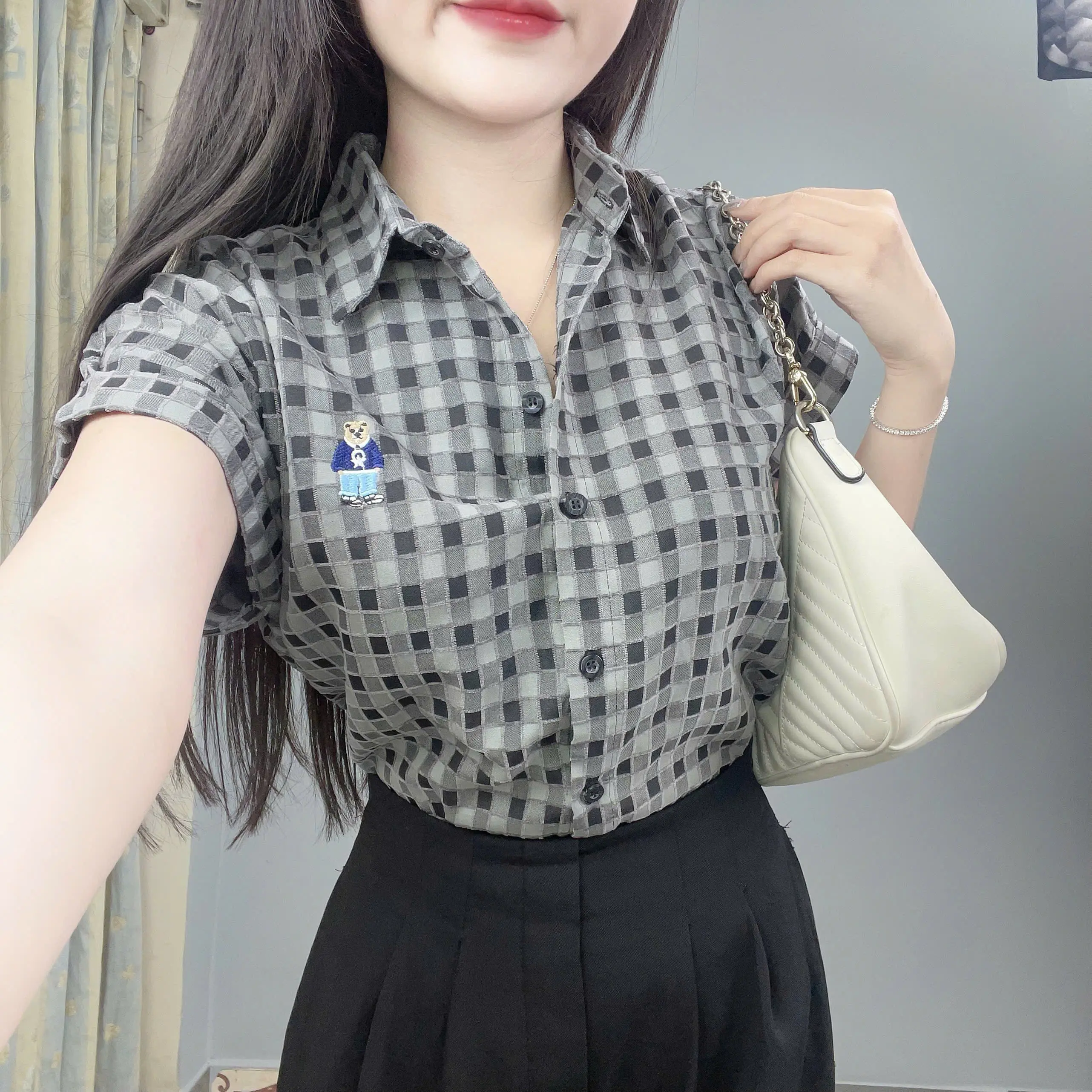 Áo sơ mi nữ tay hến caro cotton, thoáng mát, chống nhăn AMI61
